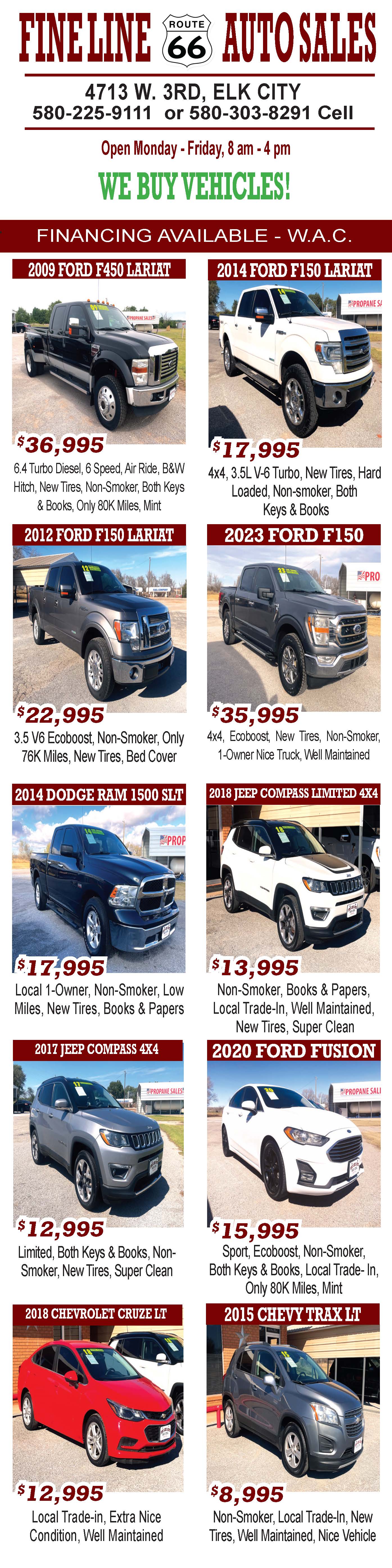 Fine Line Auto Sales in Elk City is your go to destination for quality pre-owned vehicles at competitive prices. Located at 4713 W. 3rd, they offer a wide selection of trucks, SUVs, and cars, all carefully maintained and ready for the road. From heavy duty work trucks like the Ford F450 Lariat and GMC Sierra 2500HD to everyday drivers like the Chevy Malibu, Nissan Altima, and Ford Fusion, there is something for every need and budget. Many vehicles feature low miles, new tires, clean histories, and are non smoker owned. Financing is available with approved credit, and they are actively looking to buy your vehicle as well. Stop by Monday through Friday from 8 am to 4 pm or call 580-225-9111 to find your next ride.
PN50378