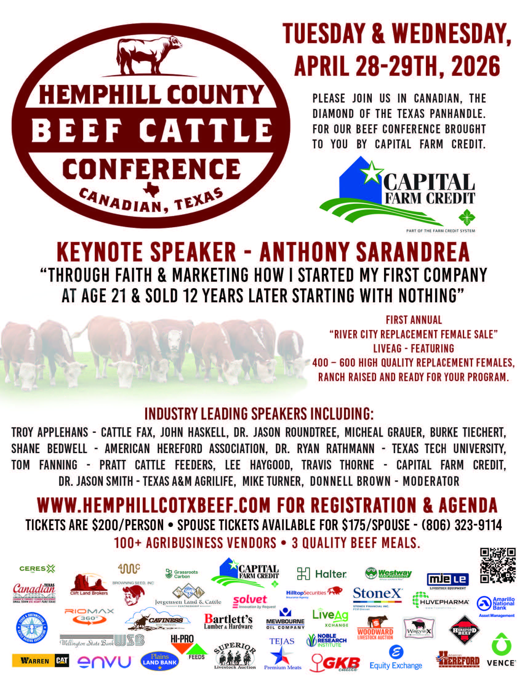 Join the Hemphill County Beef Cattle Conference happening Tuesday and Wednesday, April 28–29, 2026, in Canadian, Texas. This premier event brings together industry leaders, ranchers, and agribusiness professionals for two days of education, networking, and high-quality cattle opportunities. Featuring keynote speaker Anthony Sarandrea, attendees will gain insights on business growth, marketing, and success in agriculture. The conference also includes the first annual River City Replacement Female Sale with 400 to 600 head of high-quality replacement females, along with expert speakers from across the cattle industry. Registration is available online, with tickets priced at $200 per person and discounted spouse tickets available. Don’t miss this opportunity to connect, learn, and experience one of the top beef cattle events in the region. PN49897