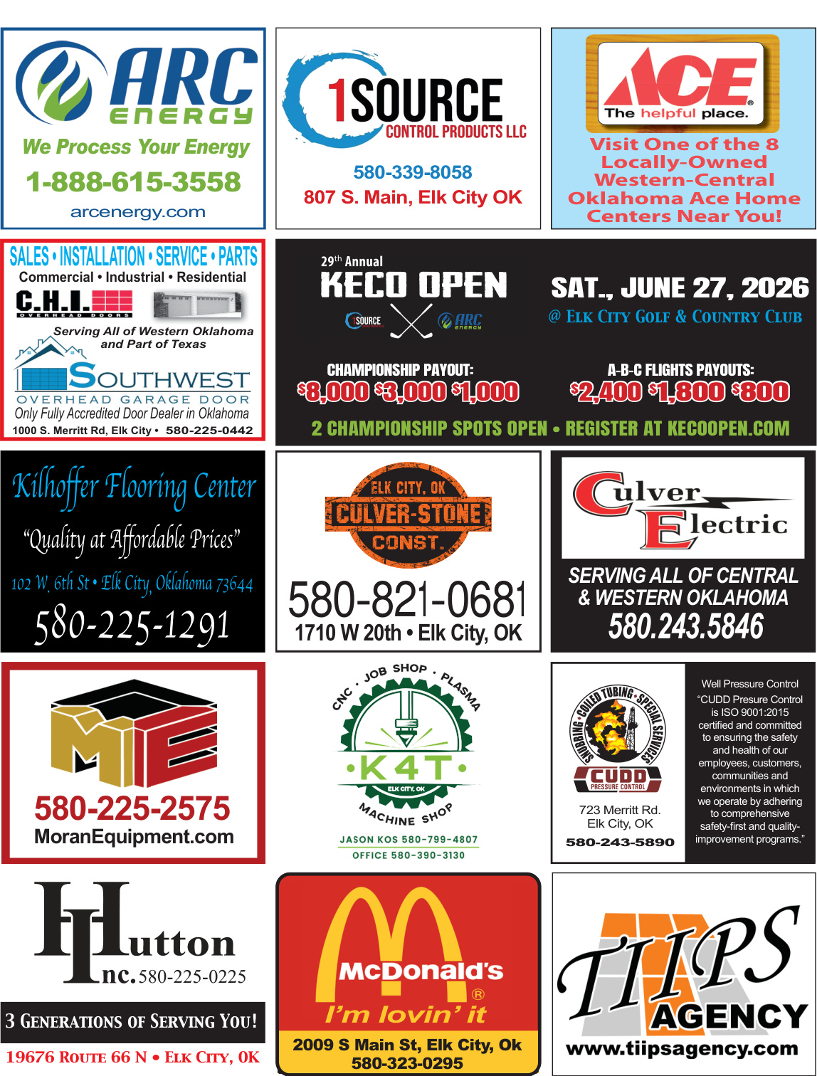 The 29th Annual KECO Open returns Saturday, June 27, 2026, at Elk City Golf & Country Club. Teams will compete for championship and flight payouts, including an $8,000 first-place championship prize. Sponsored by local and regional businesses including ARC Energy, 1 Source Control Products, Ace Home Centers, C.H.I. Overhead Doors, Culver-Stone Construction, Culver Electric, CUDD Pressure Control, Moran Equipment, McDonald's, and many others, the tournament continues its tradition as one of Western Oklahoma's premier golf events. Registration is open now at KECOOpen.com. PN50488