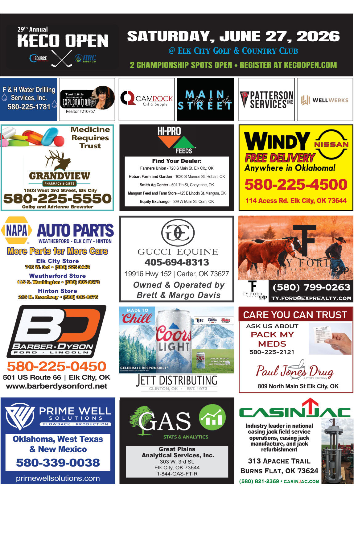 The 29th Annual KECO Open continues to receive strong support from businesses across Western Oklahoma and beyond. Featured sponsors include Grandview Pharmacy, Hi-Pro Feeds, Windy Nissan, NAPA Auto Parts, Gucci Equine, Ty Ford Realtor, Barber-Dyson Ford Lincoln, Paul Jones Drug, Prime Well Solutions, Great Plains Analytical Services, CasinJac, Patterson Services, WellWerks, Camrock Oil & Supply, Main Street and F&H Water Drilling Services. Their support helps make one of the region's premier golf tournaments possible while showcasing the strength of local business partnerships throughout the area. Registration remains open at KECOOpen.com. PN50489