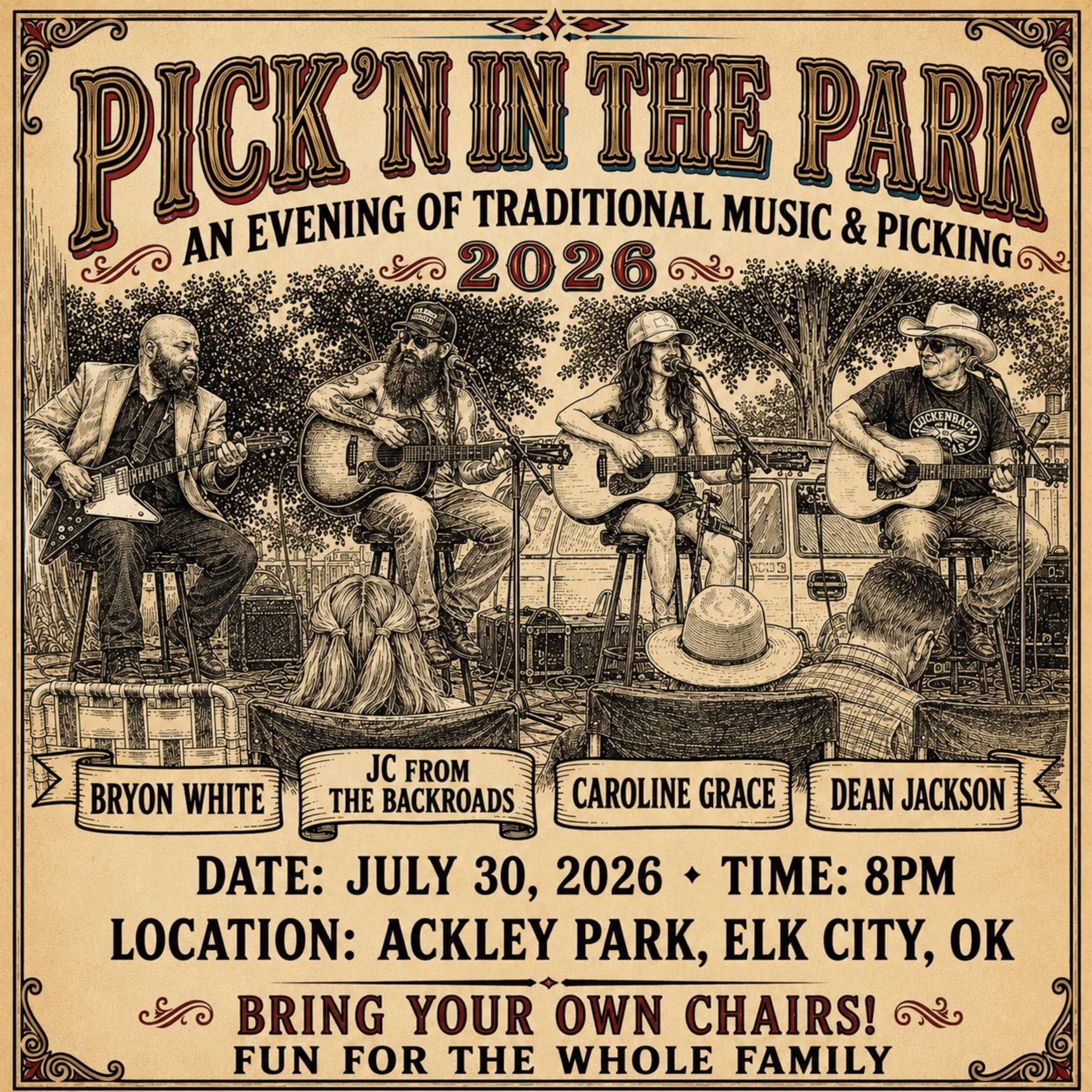 Pickin' in the Park returns to Ackley Park in Elk City on July 30, 2026, for an evening of traditional music and family-friendly entertainment. Featured performers include Bryon White, JC from The Backroads, Caroline Grace, and Dean Jackson. The event begins at 8 PM and invites guests to bring their own chairs and enjoy live acoustic music in a relaxed outdoor setting. Pickin' in the Park is a free community event for all ages, offering a great opportunity to gather with friends, family, and neighbors for a summer evening in the park. PN50613