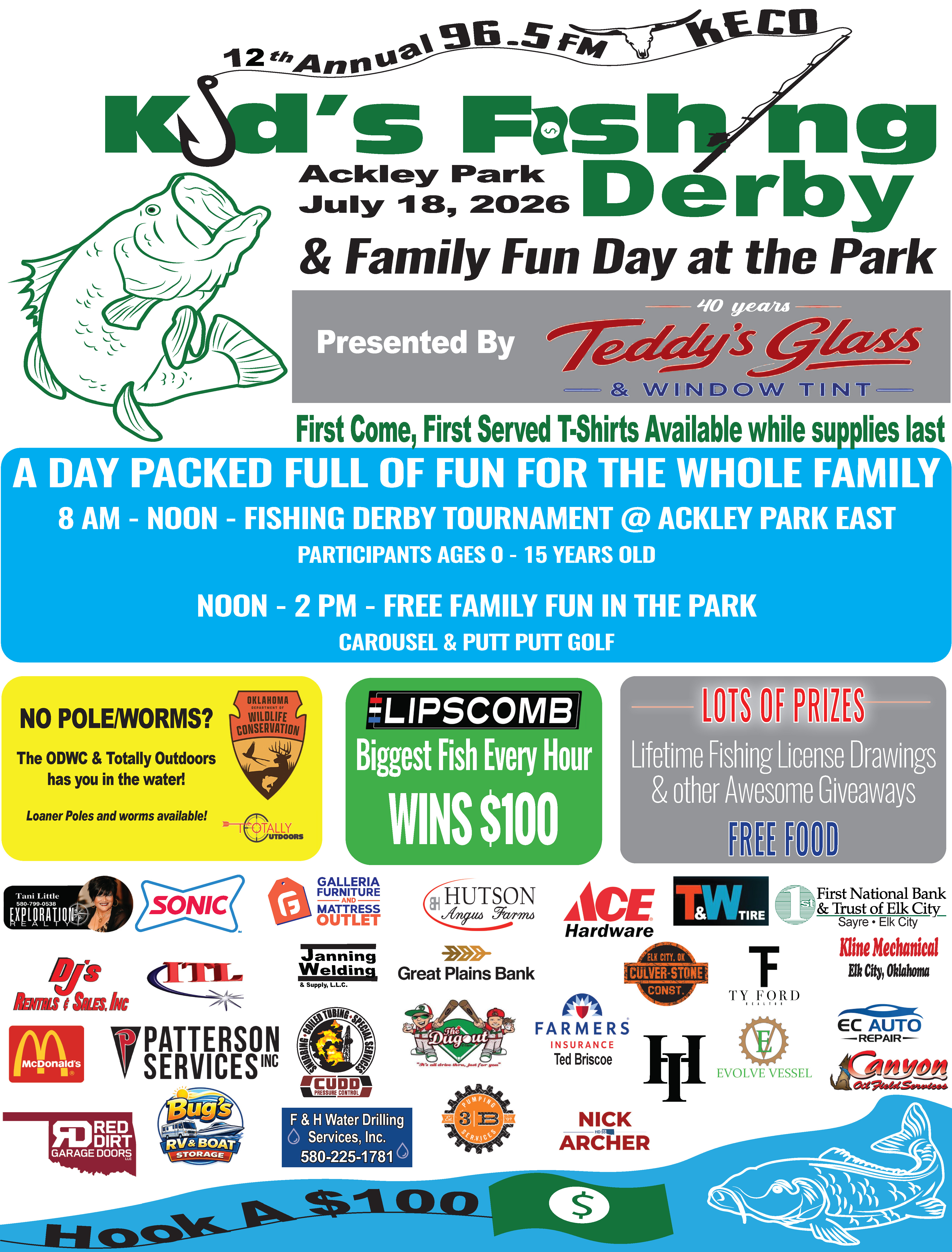 The 12th Annual KECO 96.5 FM Kids Fishing Derby and Family Fun Day returns to Ackley Park in Elk City on July 18, 2026. Presented by Teddy's Glass & Window Tint, this free community event features a fishing derby for children ages 0-15 from 8 AM to Noon, followed by free family fun activities including carousel rides and putt putt golf from Noon to 2 PM. Participants can enjoy free food, prize giveaways, lifetime fishing license drawings, and a chance to win $100 for the biggest fish each hour. Loaner fishing poles and worms will be available courtesy of the Oklahoma Department of Wildlife Conservation and Totally Outdoors while supplies last. PN50574