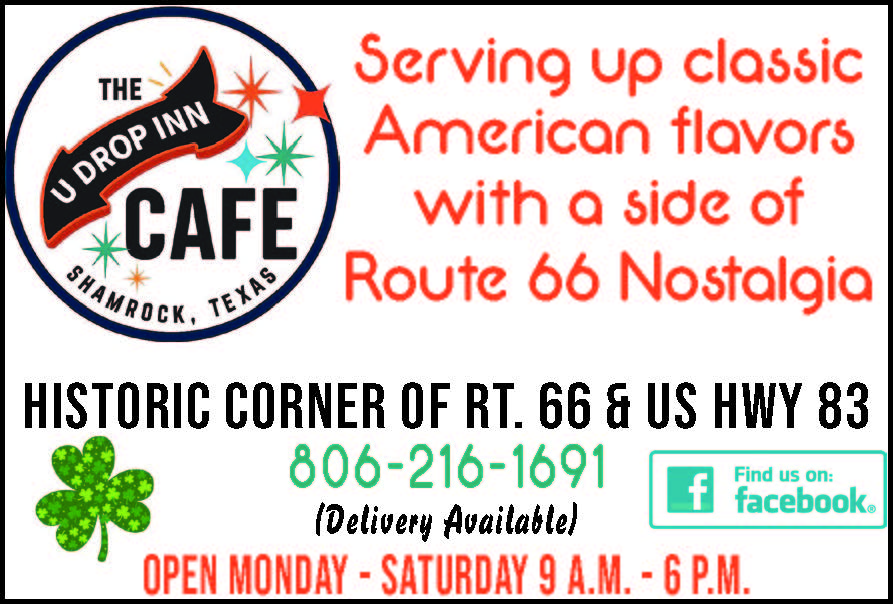 The U Drop Inn Cafe in Shamrock, Texas is serving up classic American flavors with a side of Route 66 nostalgia. Located at the historic corner of Route 66 and US Highway 83, this local favorite offers dine in and delivery options to keep you fueled throughout the day. Open Monday through Saturday from 9 a.m. to 6 p.m., the U Drop Inn Cafe combines great food, small town charm, and iconic Route 66 history all in one stop. Call 806 216 1691 to place your order and enjoy a true taste of Shamrock. PN49374