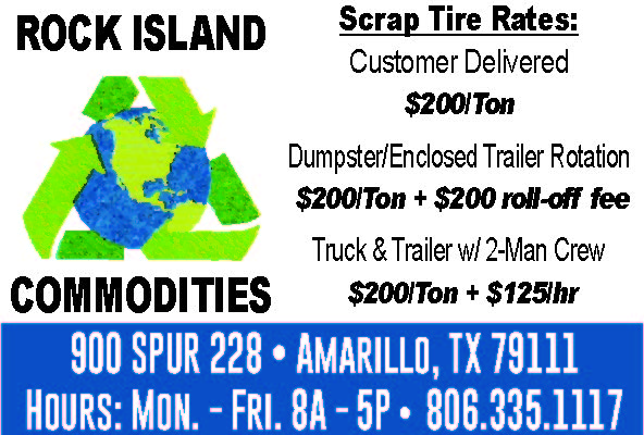 Rock Island Commodities in Amarillo, TX offers competitive scrap tire disposal rates for businesses and individuals. Located at 900 Spur 228, they provide customer delivered tire recycling at $200 per ton, dumpster or enclosed trailer rotation at $200 per ton plus a $200 roll off fee, and truck and trailer service with a 2 man crew at $200 per ton plus $125 per hour. Open Monday through Friday from 8 AM to 5 PM, Rock Island Commodities delivers reliable, efficient tire disposal solutions. Call 806.335.1117 for service details. PN49628